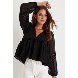 Lulus NWT Admirable Energy Black Embroidered Long Sleeve Peplum Top - Size S